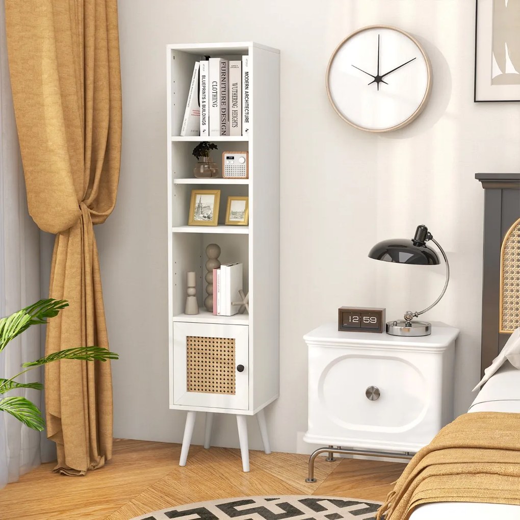 Estante em rattan estreito 29,5 x 29,5 x 137 cm com porta e prateleira ajustável para sala de estar Branco