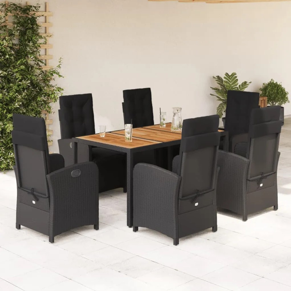 vidaXL 7 pcs conjunto de jantar p/ jardim c/ almofadões vime PE preto