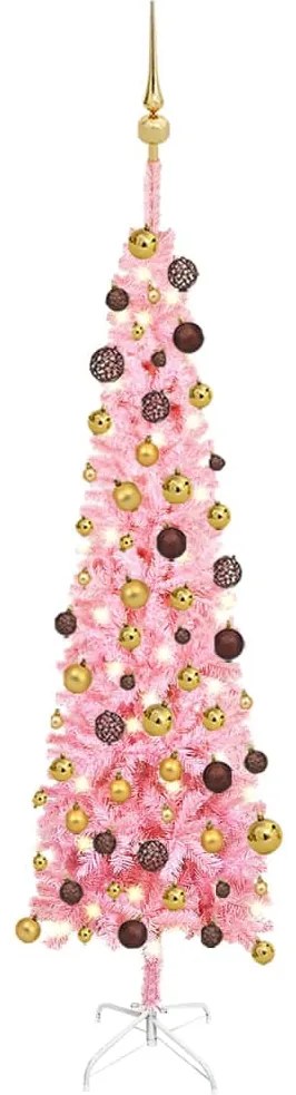 3078025 vidaXL Árvore de Natal fina com luzes LED e bolas 150 cm cor-de-rosa