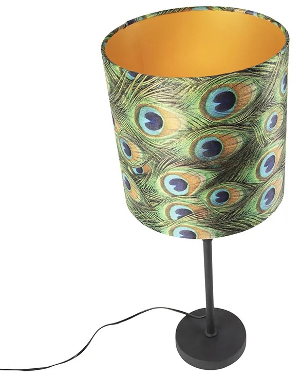 Candeeiro de mesa preto com abajur de veludo verde-pavão com dourado 25cm - Parte Clássico / Antigo