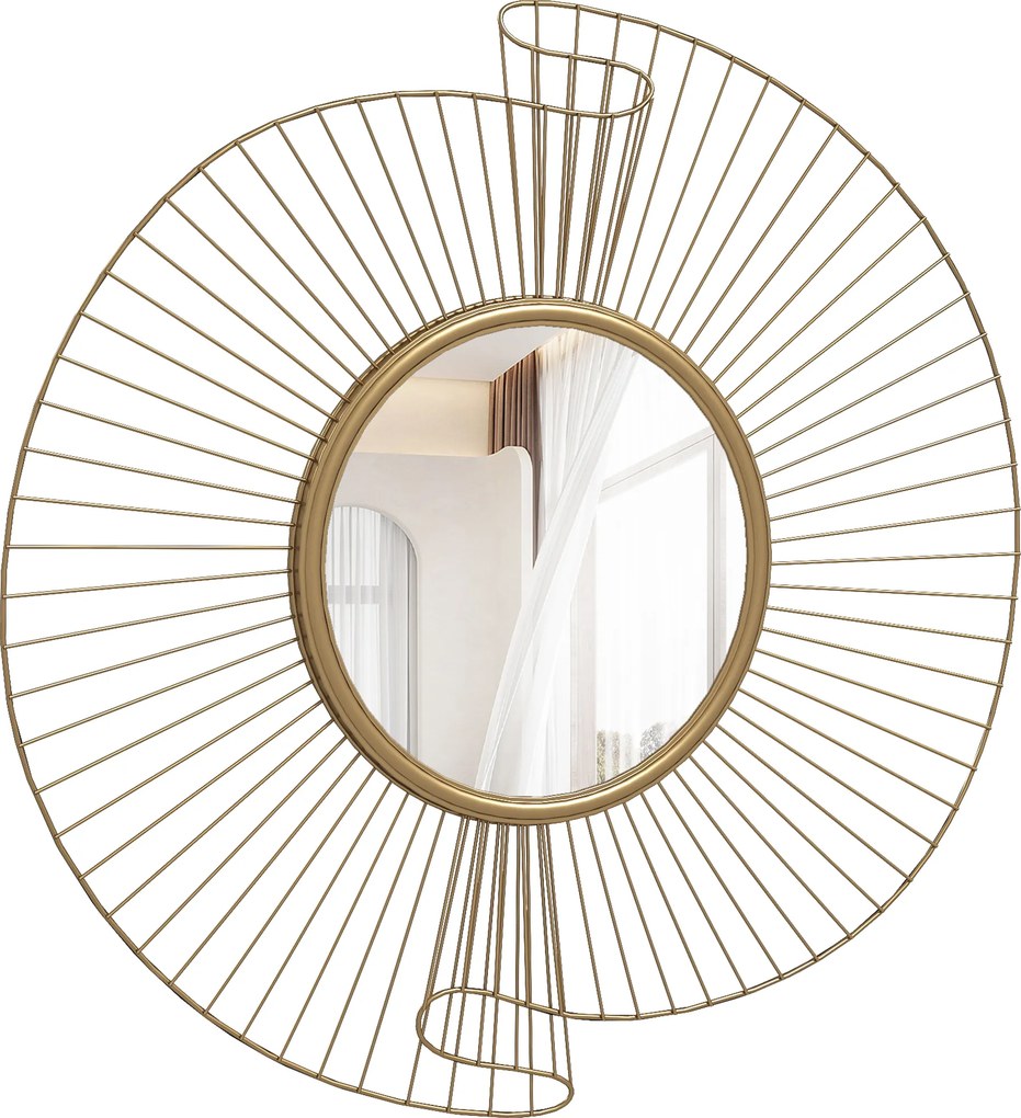 Espelho decorativo redondo de 60 cm com fixação de 360°, decoração de parede moderna em metal com detalhes plissados, dourado