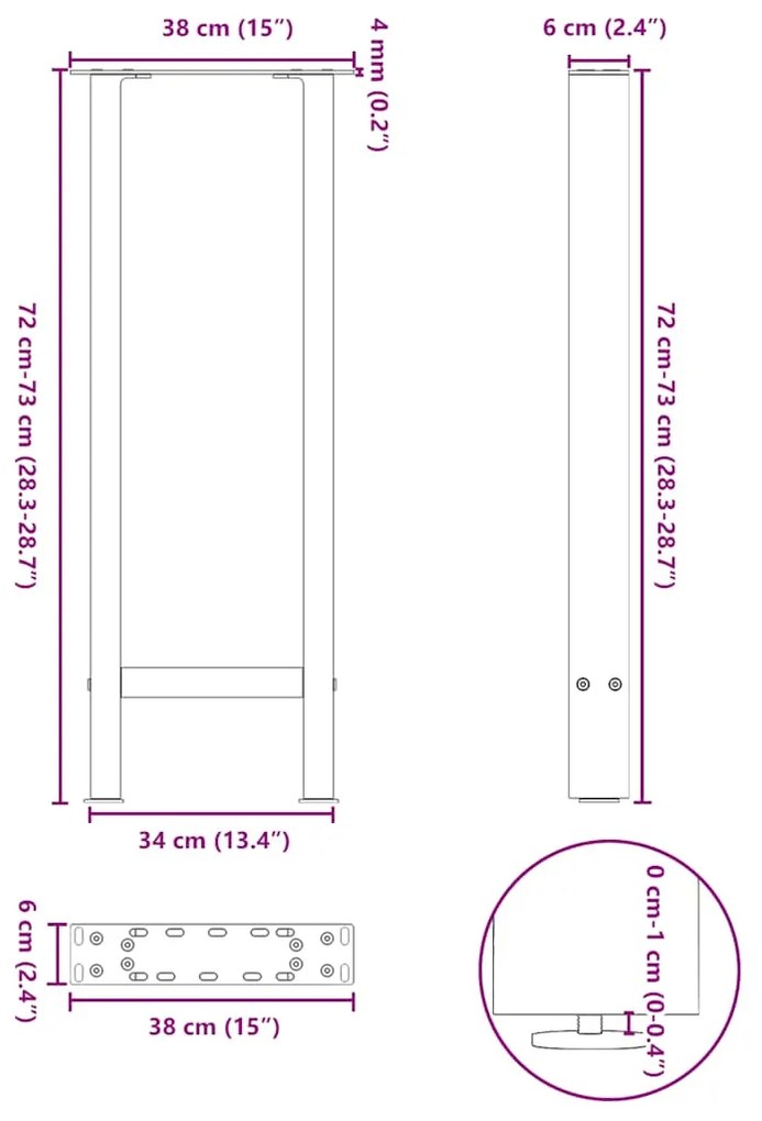 Pés de mesa de console em aço natural, 2 peças, 38x(72-73) cm, aço