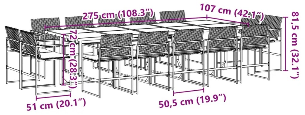 15 pcs conjunto de jantar p/jardim com almofadões vime PE preto