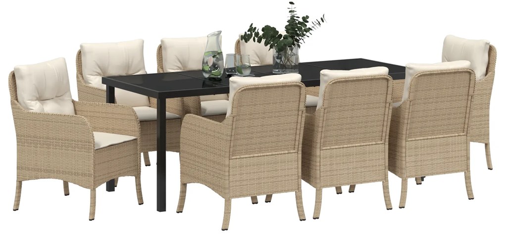 Conjunto de Jantar de Jardim com Almofadas de 9 Peças Bege Vime Sintét