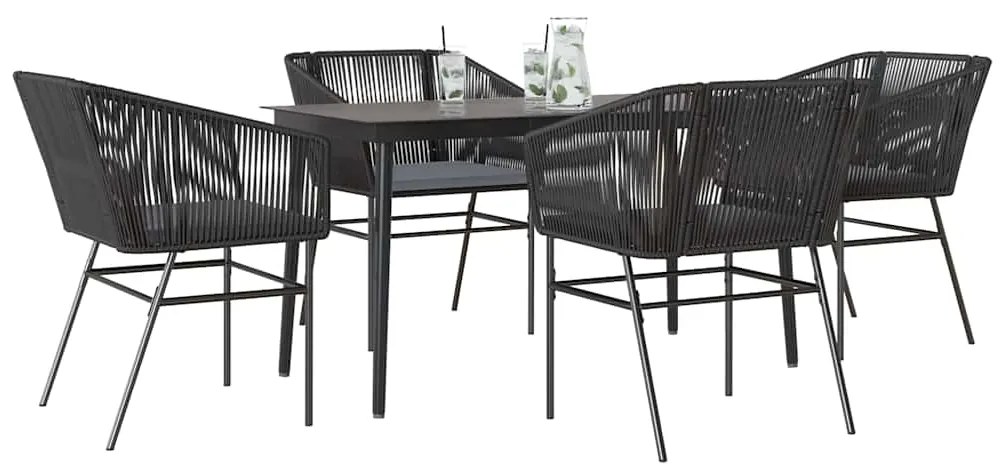Conjunto de jantar jardim 5 peças almofadas vidro vime PE preto