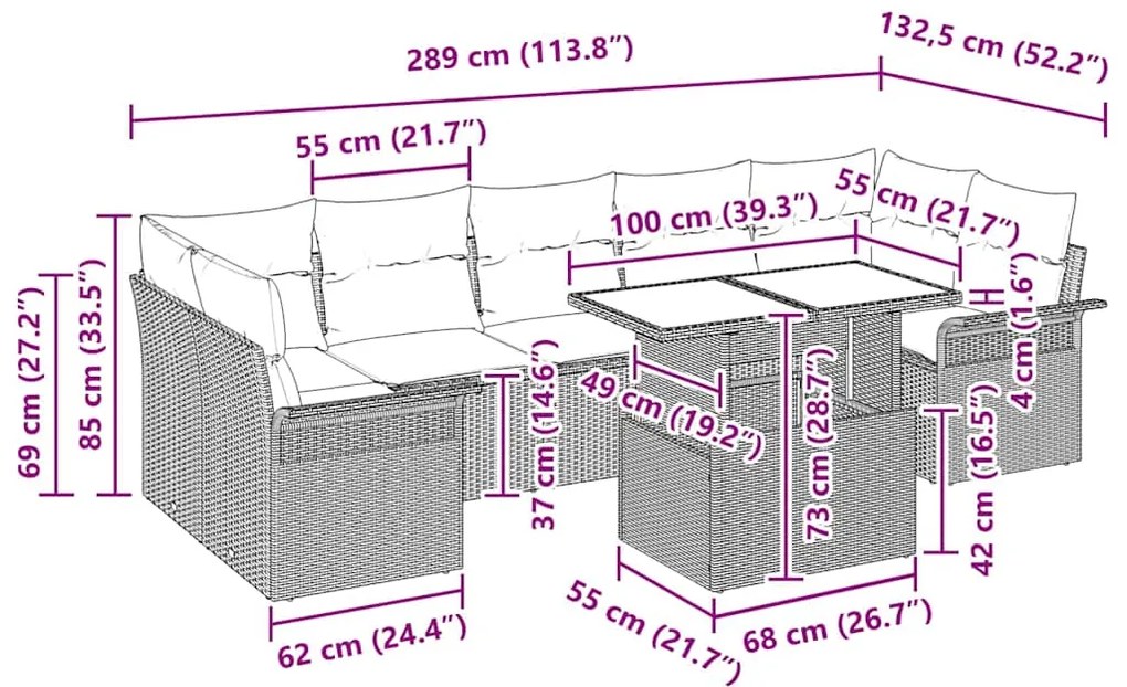 Conjunto de sofá de jardim com 8 peças e almofadas cinzas em rattan si