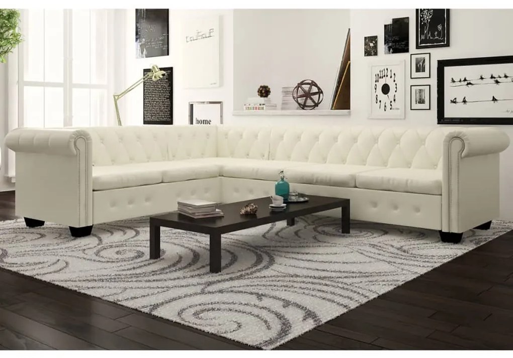 243616 vidaXL Sofá de canto Chesterfield 6 lugares couro artificial branco