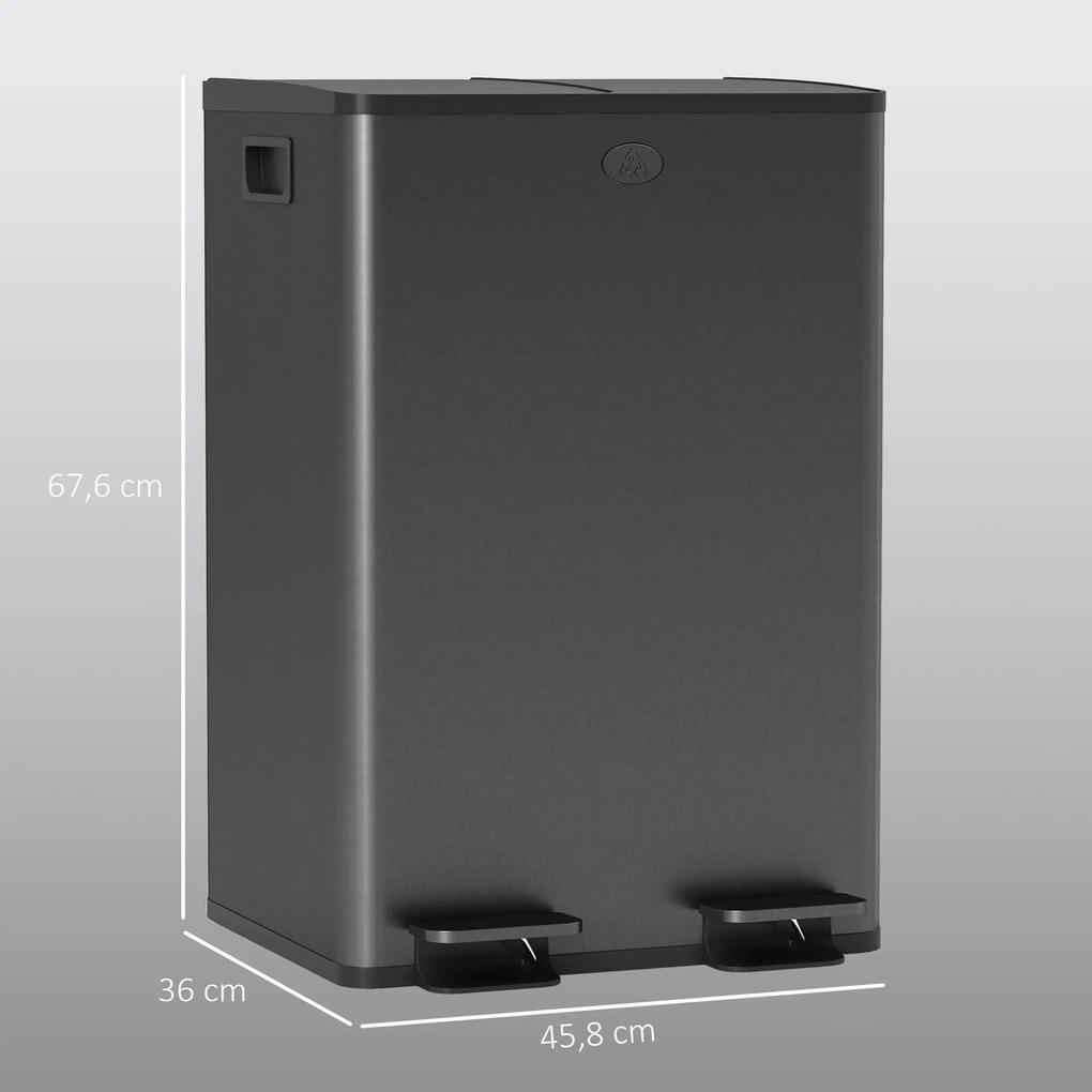 Caixote do lixo de cozinha 45,8 x 36 x 67,6 cm com 2 compartimentos de 2 x 28 L, aço inoxidável, tampa com fecho suave, preto