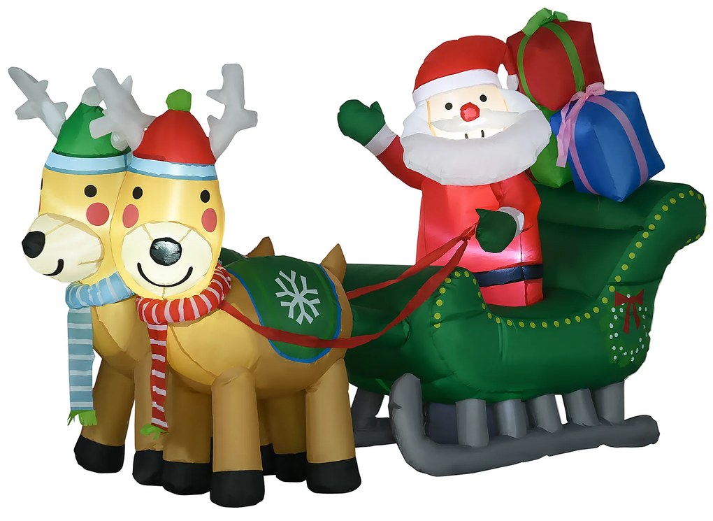 HOMCOM Decoração Insuflável de Natal Pai Natal com Trenó e 2 Renas Decoração de Natal com 4 Luzes LED para Jardim Pátio 210x70x125 cm Multicor