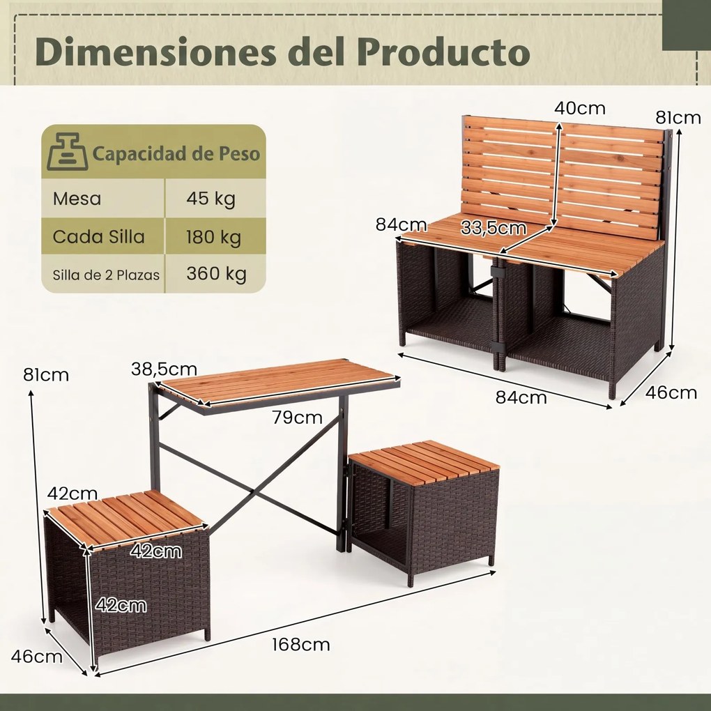 Banco Convertível de Exterior 2 em 1, 168 x 46 x 81 cm, Dobrável, Castanho