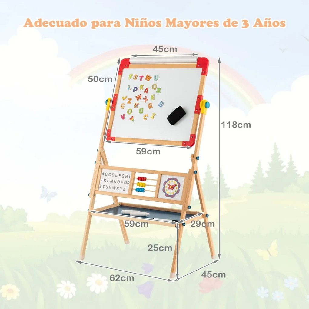 Cavalete Quadro de madeira para crianças 3 em 1, quadro branco giratório de dupla face, bandeja de desenho para crianças de mais de 3 anos