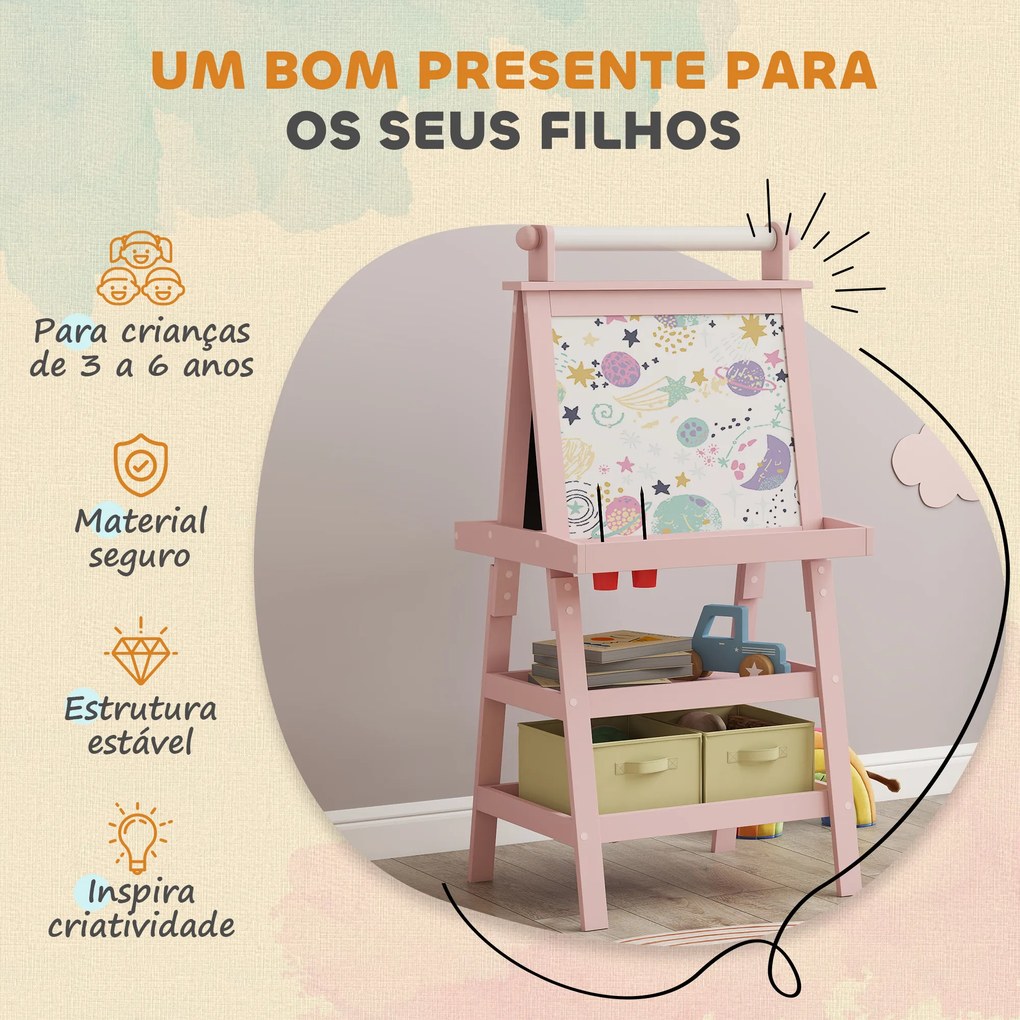 Cavalete de Pintura Infantil 3 em 1 Quadro Dupla Face com Rolo de Papel e Cestos de Arrumação Rosa