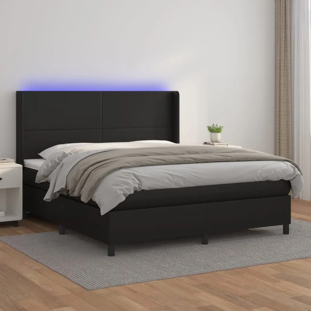 Cama box spring c/ colchão/LED 180x200cm couro artificial preto