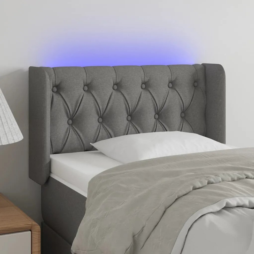 Cabeceira cama c/ luzes LED tecido 83x16x78/88cm cinza-escuro