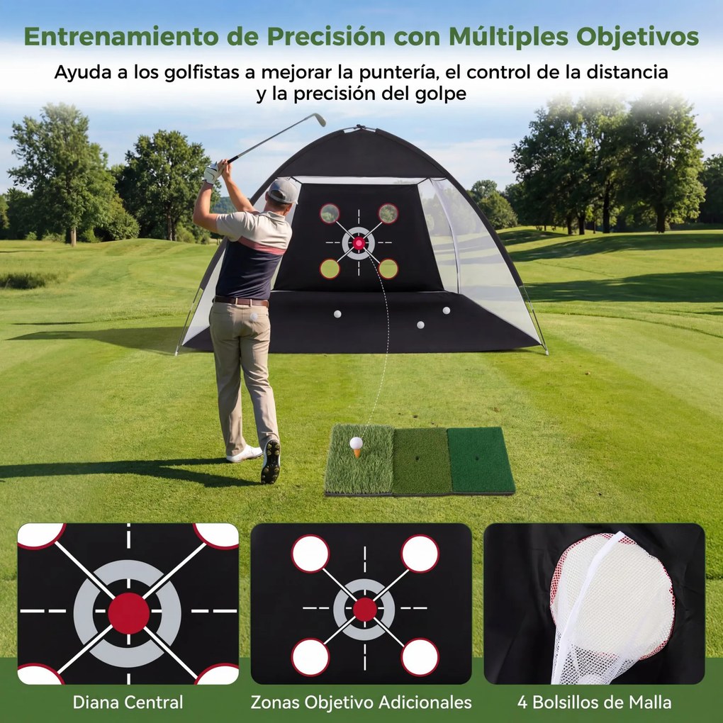 Rede de treino de golfe 314 x 199 cm, portátil, com tapete Tri-Turf, bolas, tee e saco de transporte dobrável para uso no interior e no exterior Preto