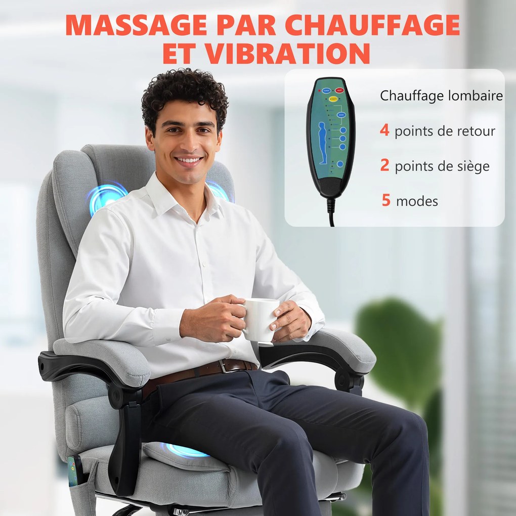 Cadeira de escritório com função de massagem e aquecimento, altura ajustável, encosto reclinável, 65x70x111-119 cm, cinzenta