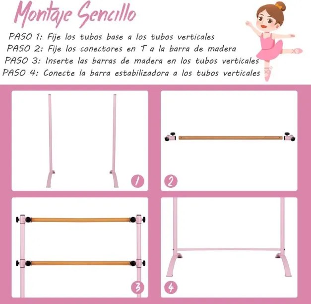Barra de Ballet Portátil 120 cm Barra Dupla Independente Altura Ajustável 56/76/96/116 cm Barra de Fitness Adultos e Crianças Rosa