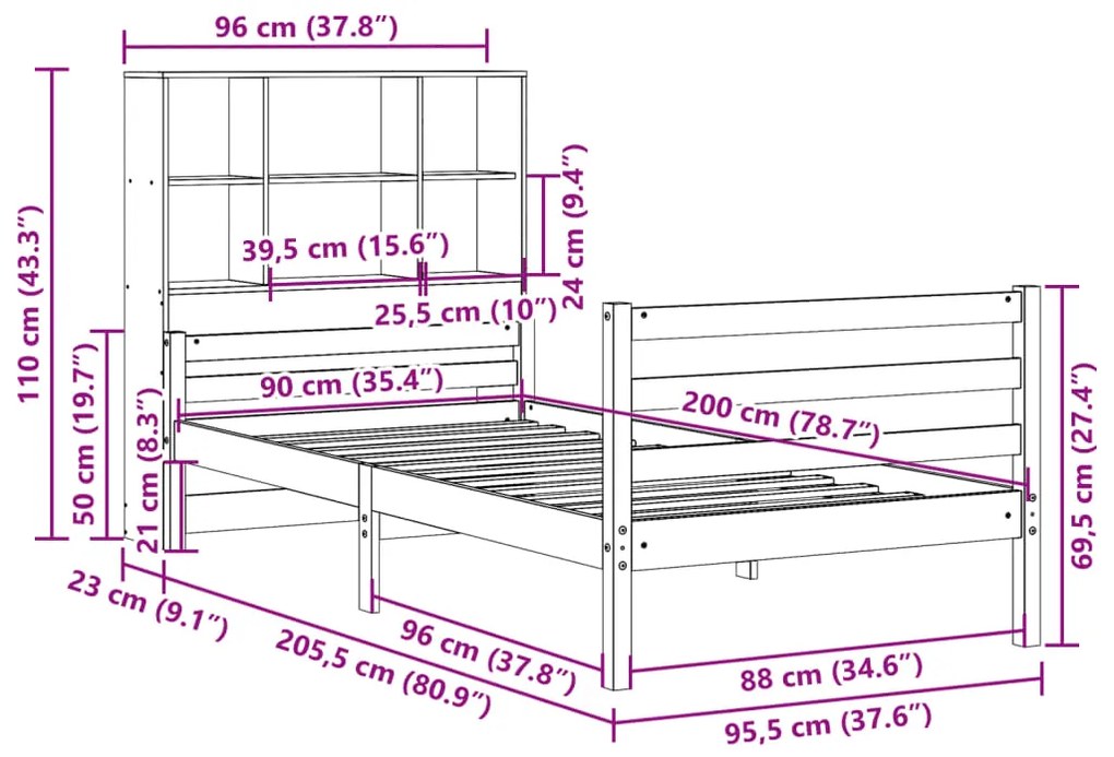 Cama com estante sem colchão 90x200 cm pinho maciço