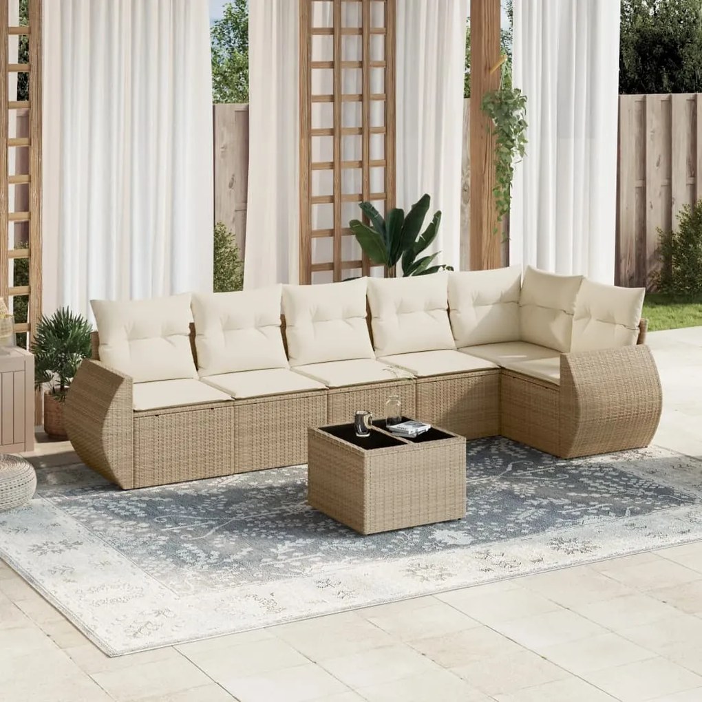 7 pcs conjunto de sofás p/ jardim com almofadões vime PE bege