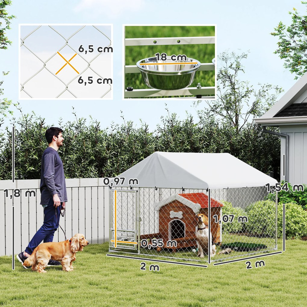 Canil Exterior com Toldo 2x2x1,54 m para Cães (CASOTA NÃO INCLUIDA) em Aço Galvanizado com Suporte para Comida Giratório e Ajustável Prata
