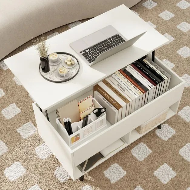 Mesa de centro com tampo elevável 80 x 40 x 46 cm, compartimento oculto e 2 prateleiras para sala de estar Branco