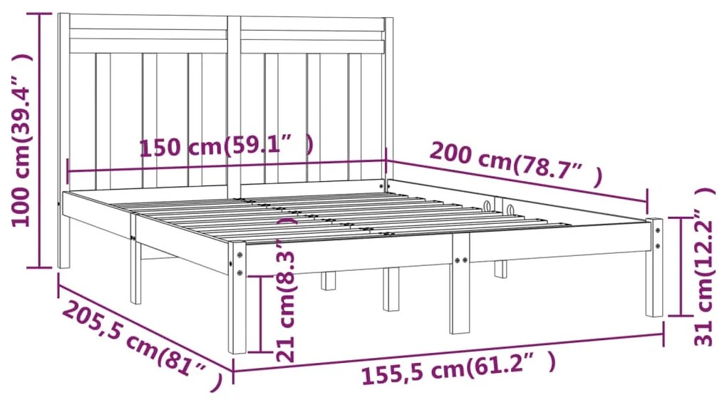 Estrutura de cama king 150x200 cm madeira maciça preto