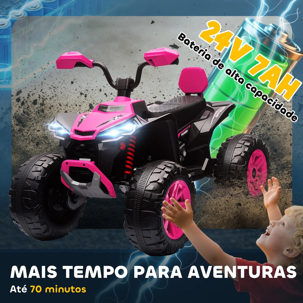 Moto 4 Elétrica para Crianças 24V com 2 Lugares 2 Motores Velocidade até 6,5 km/h Faróis Buzina Música e USB 109x68,5x76 cm Rosa