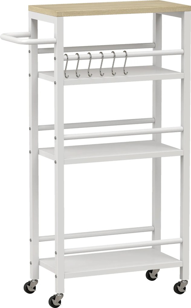 HOMCOM Carrinho Auxiliar com Rodas 4 Níveis Carrinho de Cozinha com Toalheiro e 6 Ganchos para Sala de Jantar 50x20x81 cm Carvalho | Aosom Portugal