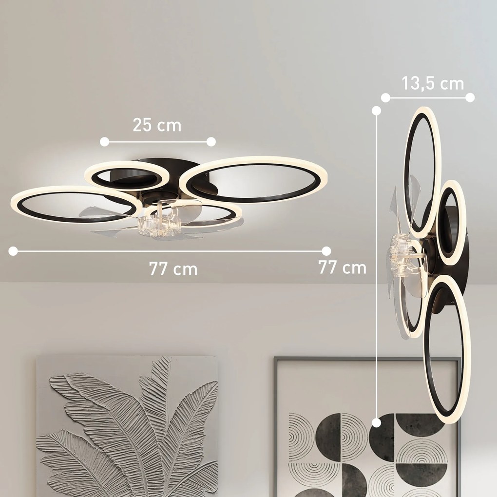 Ventilador de Teto com Luz e Comando, 77 x 55 x 13,5 cm, 6 Velocidades, Preto