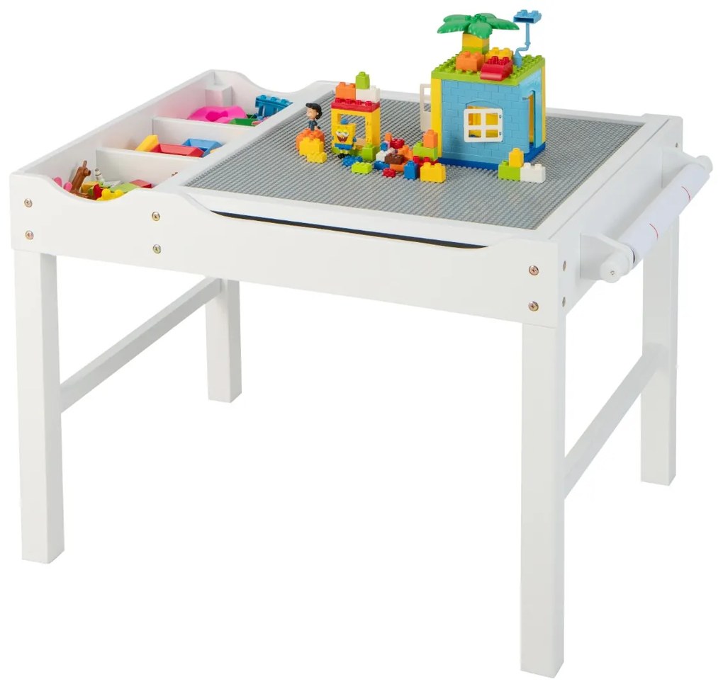 Mesa de atividades infantil em madeira com tabuleiro reversível, compartimentos e porta-rolo 86,5 x 60 x 57 cm Branco