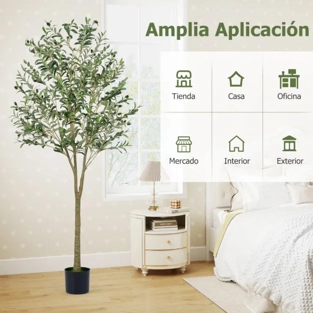 Árvore de Oliveira artificial de 180 cm, plantas de oliveira artificiais com vaso de plástico, 1296 folhas, 72 frutos, Verde
