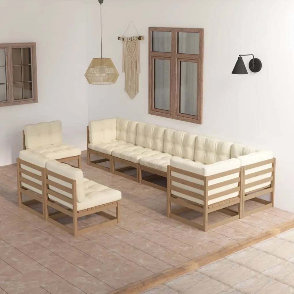 vidaXL 9 pcs conjunto lounge de jardim c/ almofadões pinho maciço