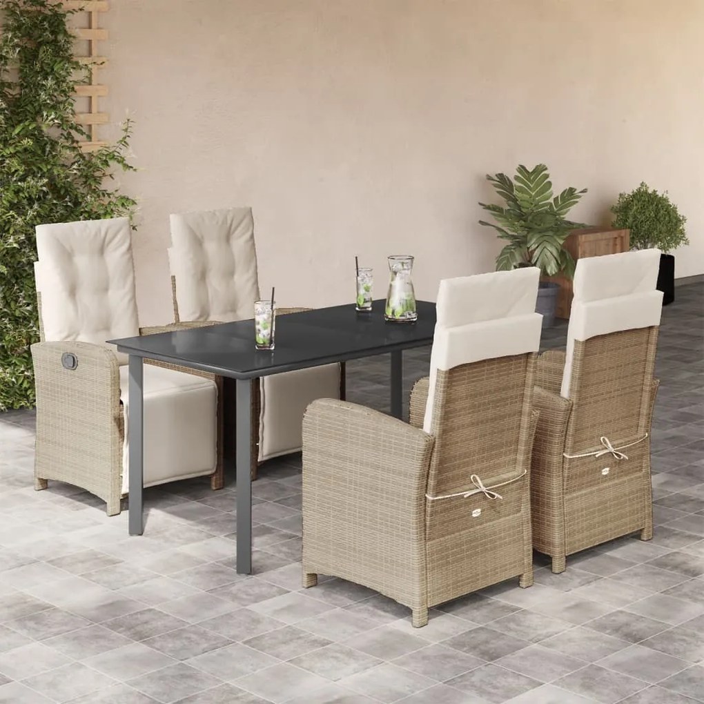 5 pcs conjunto de jantar p/ jardim com almofadões vime PE bege