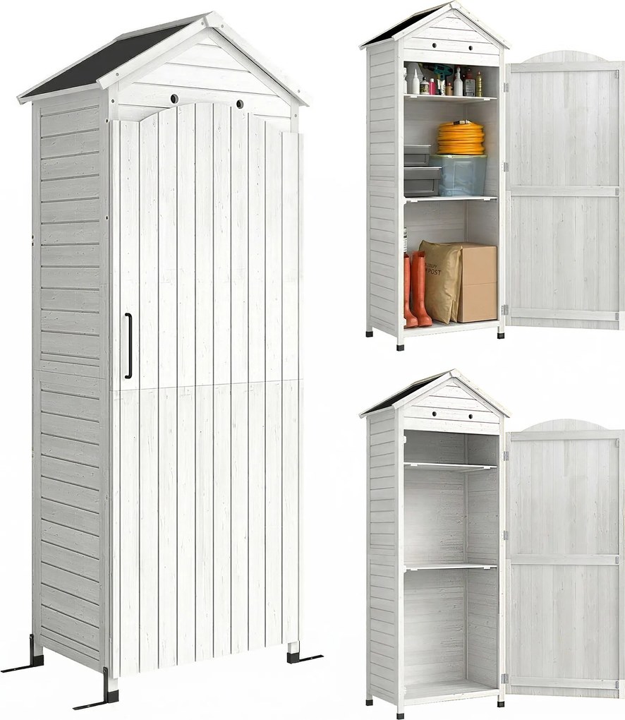 Outsunny Armário de jardim em madeira abrigo extra alto com prateleiras ajustáveis porta magnética telhado galvanizado ventilação | Aosom Portugal