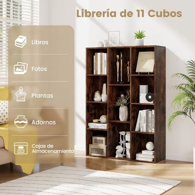 Estante com 11 cubos 74 x 24 x 105 cm para livros vertical ou horizontal em madeira Castanho