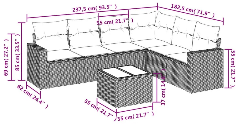 7 pcs conjunto de sofás p/ jardim com almofadões vime PE bege
