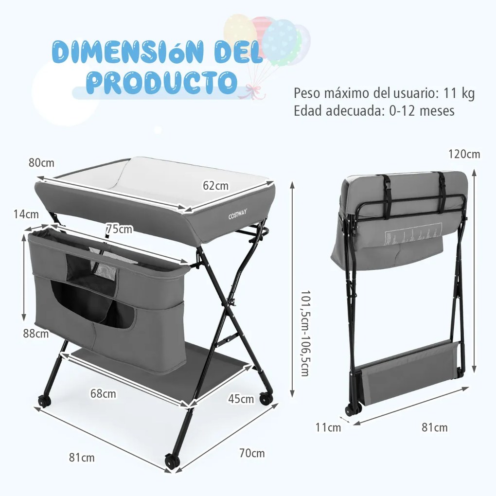 Trocador fraldas duplo com rodas Berço 4 em 1 Altura regulável em 3 níveis Mesa Secadora Fraldas 81 x 70 x 106-5 cm Cinza