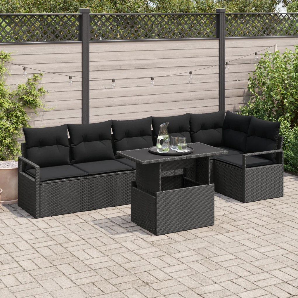 Conjunto de Sofá de Jardim vidaXL 7 Peças com Almofadas Preto Poli Rat