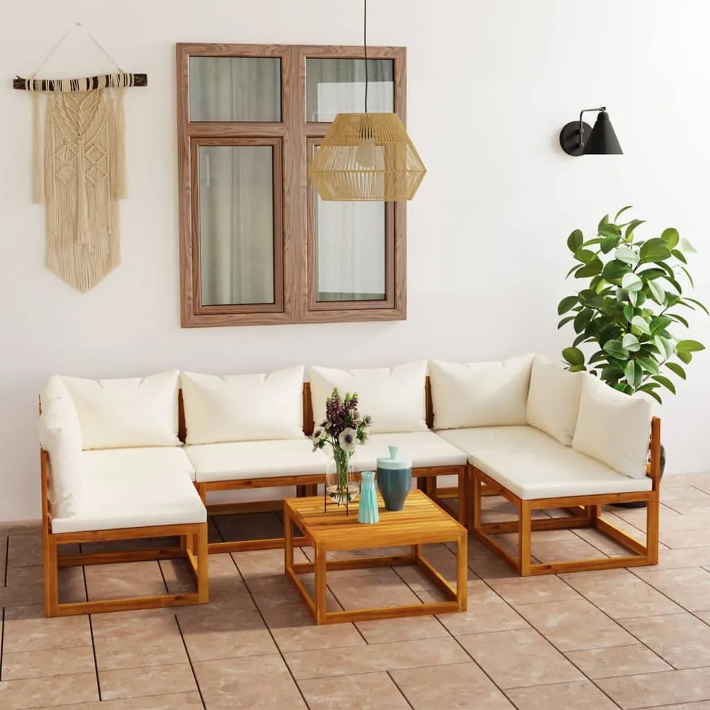 vidaXL 7 pcs conjunto lounge jardim c/ almofadões acácia maciça creme