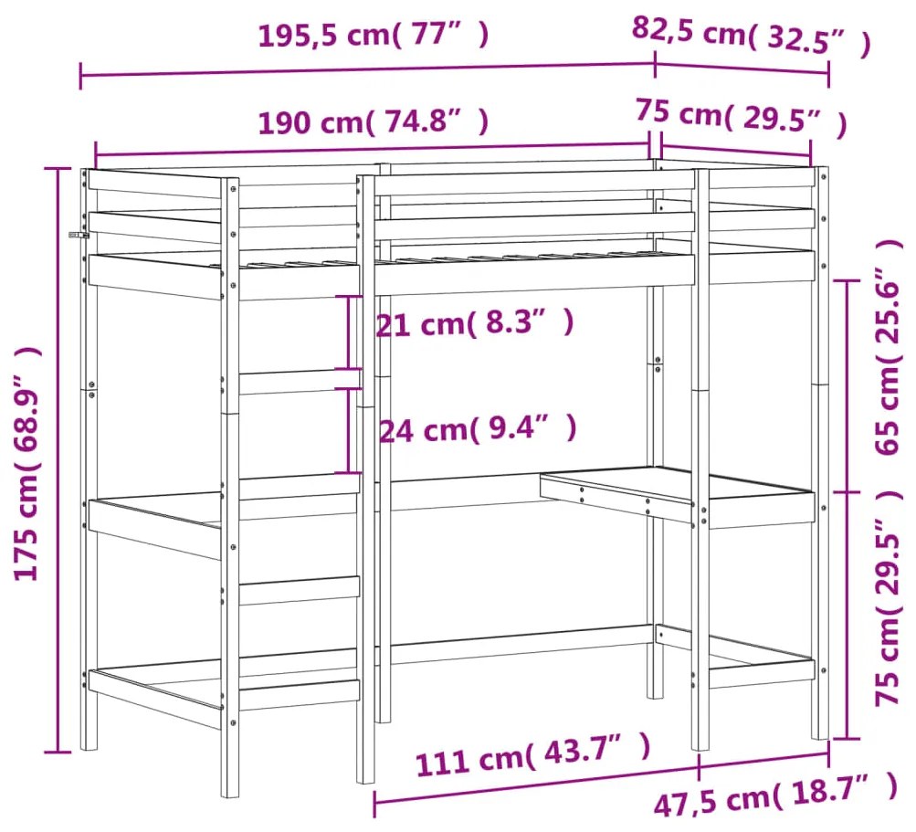 Cama alta com secretária 75x190 cm pinho maciço castanho-mel