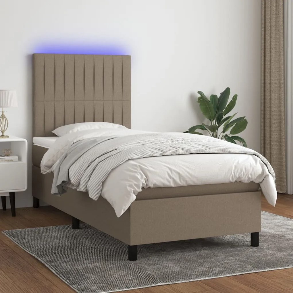 Cama box spring + colchão/LED 90x200cm tecido cinza-acastanhado