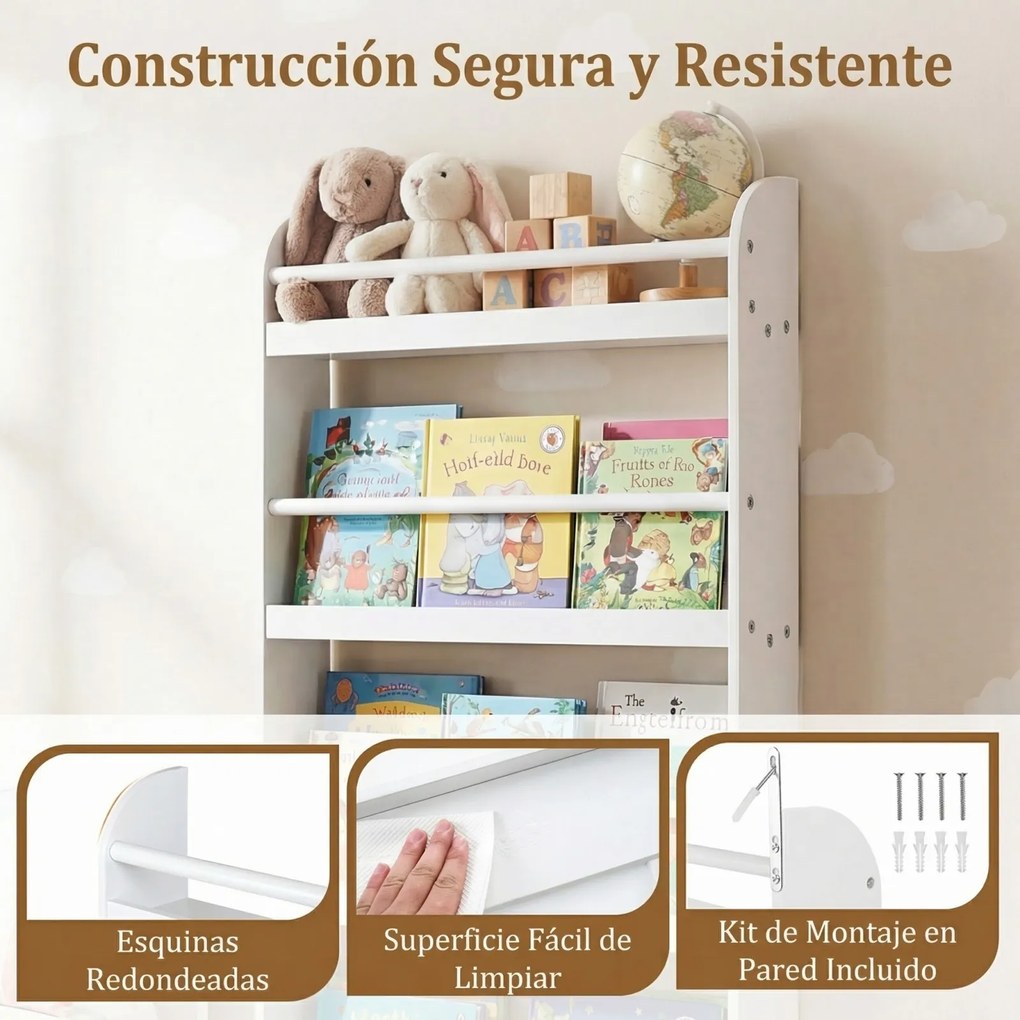 Estante infantil de parede com 4 níveis 56 x 12 x 107 cm, prateleiras abertas, barras de segurança e bordas elevadas para quarto infantil ou sala de a