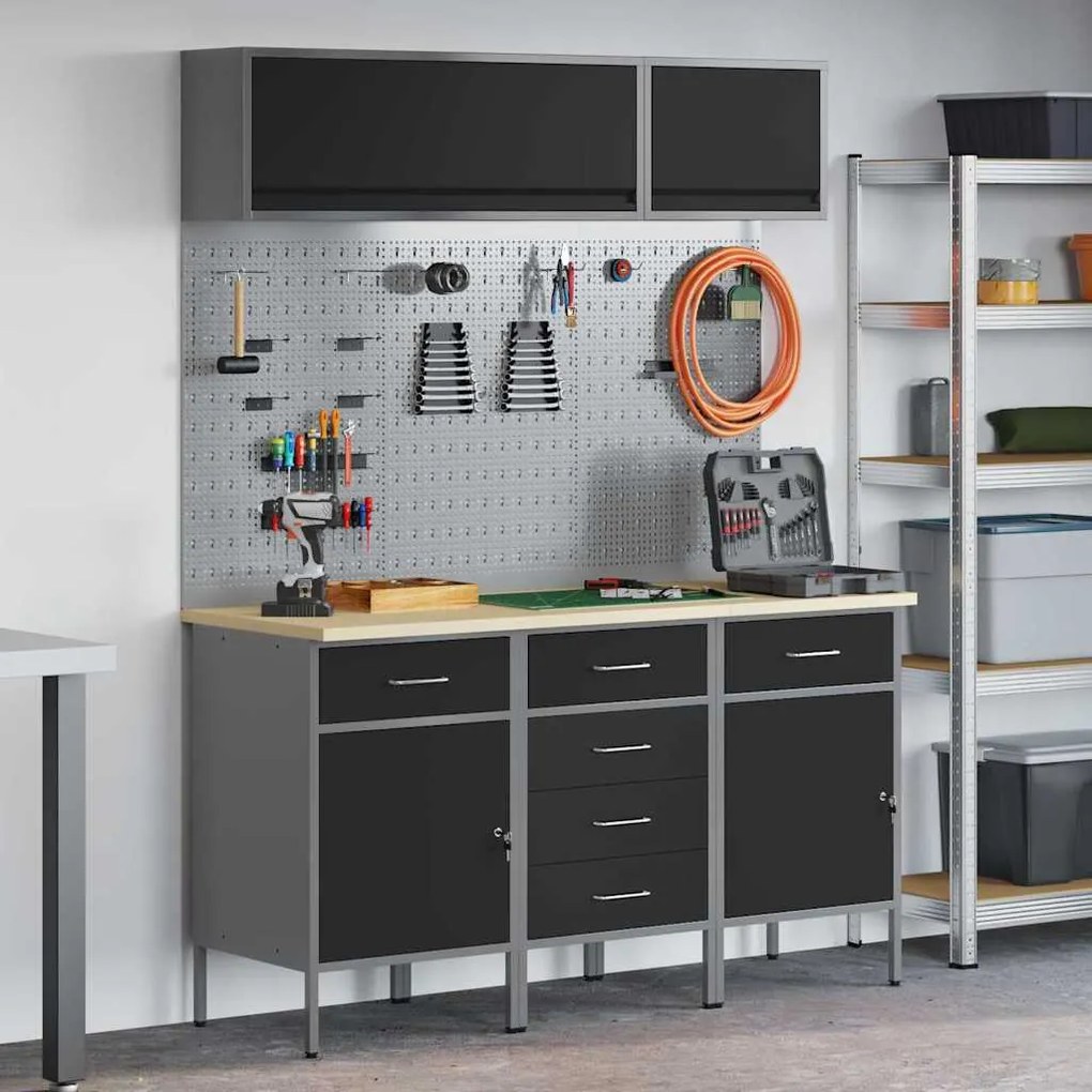 vidaXL Conjunto de Armários de Trabalho com gaveta Manual 8 pcs Preto