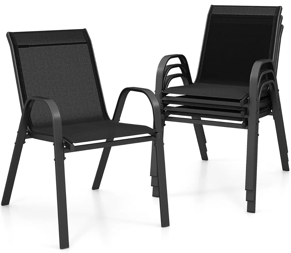Conjunto de 4 cadeiras de jardim empilháveis (MESA NÃO INCLUIDA) com apoios de braços, encostos em metal e tecido, 56 x 70 x 84 cm Preto