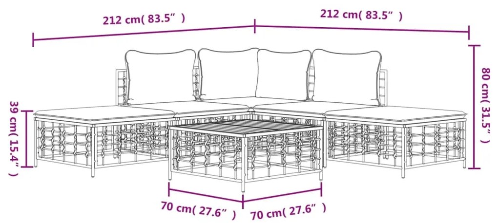 6 pcs conjunto lounge de jardim c/ almofadões vime PE antracite