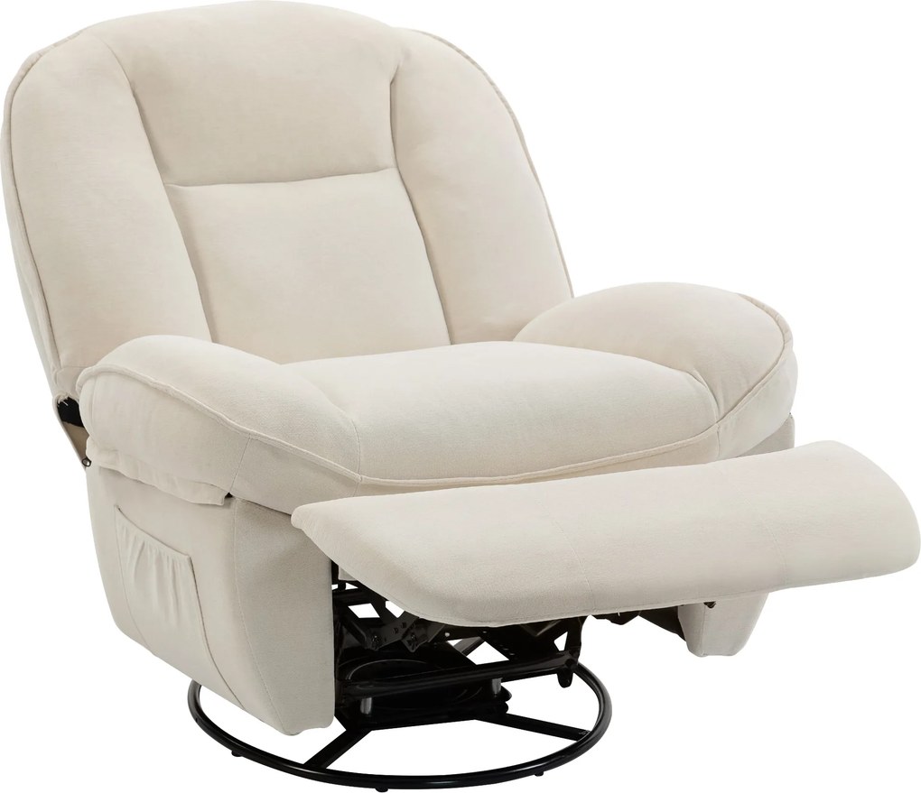 Poltrona reclinável em tecido felpudo, poltrona de relaxamento giratória a 360°, assento largo, bolsos laterais, creme
