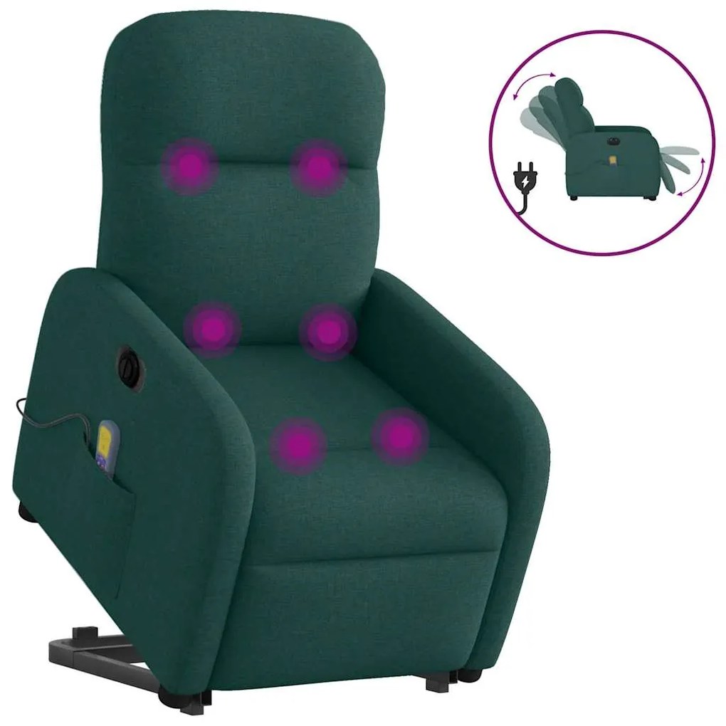 vidaXL Poltrona elétrica elevatória massagens tecido verde-escuro