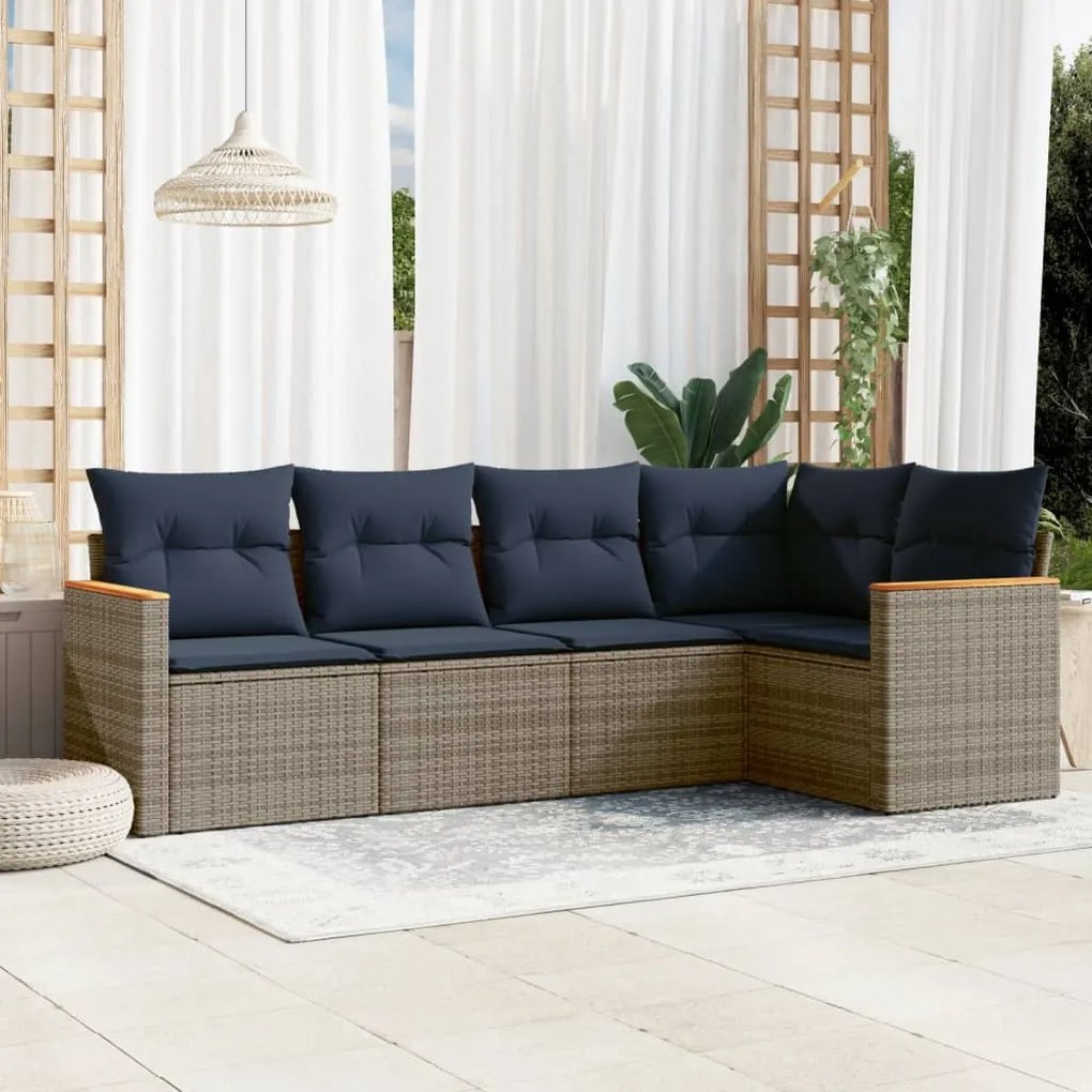 vidaXL 5 pcs conjunto sofás p/ jardim c/ almofadões vime PE cinzento