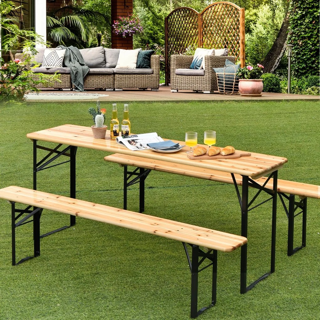 Conjunto de mesa de piquenique e banco de 3 peças, mesa de cerveja dupla com estrutura de aço de 2 assentos para jardim externo natural