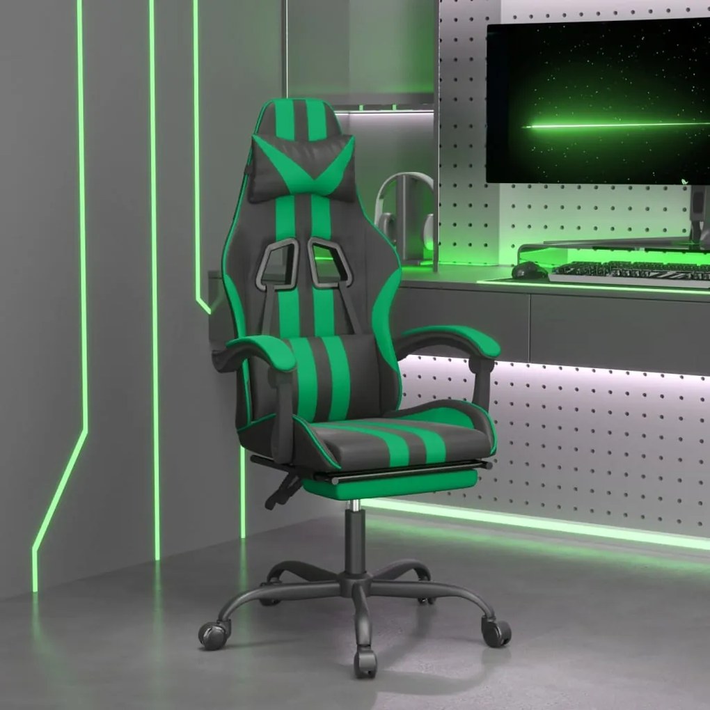 vidaXL Cadeira gaming c/ apoio pés couro artificial preto e verde